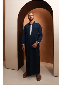 Yigo by Mariam Qamis Yacoub – Deep Navy Blue Hooded Men’s Qamis – Lightweight Zibda Fabric | Classic Omani Style Thobes  - Image 3