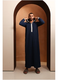 Yigo by Mariam Qamis Yacoub – Deep Navy Blue Hooded Men’s Qamis – Lightweight Zibda Fabric | Classic Omani Style Thobes  - Image 4