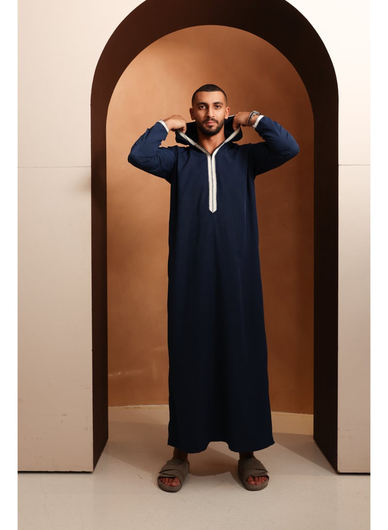 Yigo by Mariam Qamis Yacoub – Deep Navy Blue Hooded Men’s Qamis – Lightweight Zibda Fabric | Classic Omani Style Thobes  - Image 4