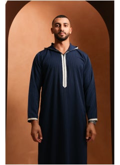 Yigo by Mariam Qamis Yacoub – Deep Navy Blue Hooded Men’s Qamis – Lightweight Zibda Fabric | Classic Omani Style Thobes  - Image 2