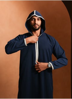 Yigo by Mariam Qamis Yacoub – Deep Navy Blue Hooded Men’s Qamis – Lightweight Zibda Fabric | Classic Omani Style Thobes  - Image 1