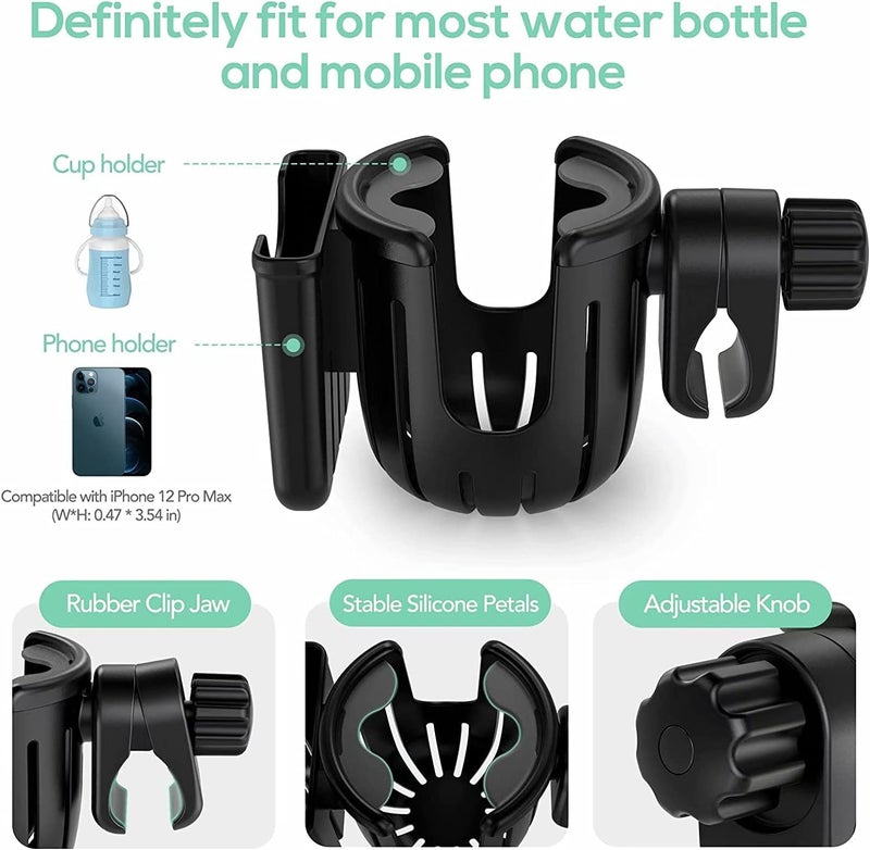 ELECDON Stroller Cup Holder with Phone Holder, 2-in-1 Universal Cup Holder with Phone Organizer, Fits Most Strollers, Bikes, Wheelchairs, Scooters, Black - Image 3