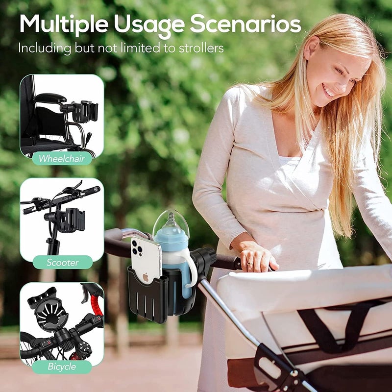 ELECDON Stroller Cup Holder with Phone Holder, 2-in-1 Universal Cup Holder with Phone Organizer, Fits Most Strollers, Bikes, Wheelchairs, Scooters, Black - Image 2