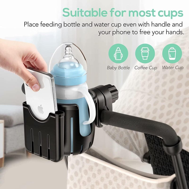 ELECDON Stroller Cup Holder with Phone Holder, 2-in-1 Universal Cup Holder with Phone Organizer, Fits Most Strollers, Bikes, Wheelchairs, Scooters, Black - Image 4