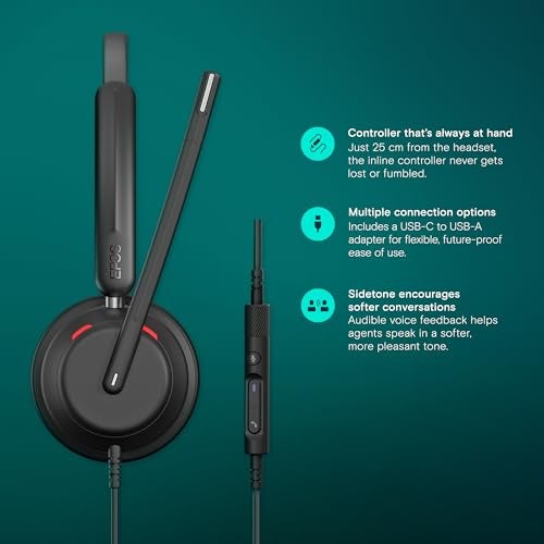 EPOS سماعة EPOS Impact 760T مزدوجة الجوانب سلكية للكمبيوتر مع ميكروفون مانع للضوضاء، معتمدة من Microsoft Teams، USB-C و USB-A، تحكم مدمج، صوت عريض للغاية، مثالية للمكتب والعمل عن بُعد - Image 3