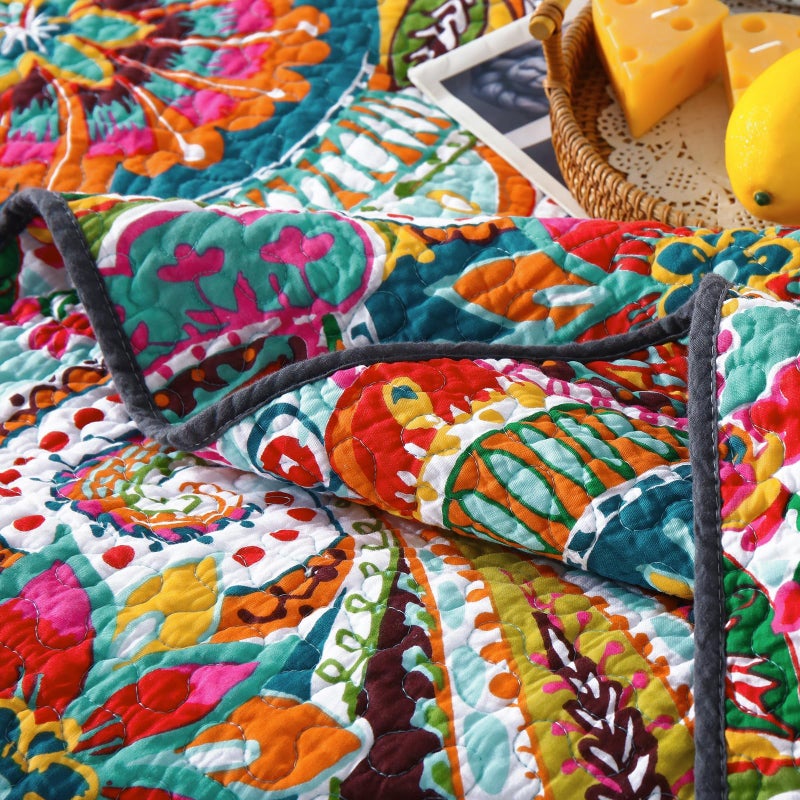 Qucover King Size Quilt Bedding Set, 100% Cotton Boho Bedspread, Vibrant Colorful Gorgeous Paisley Print Coverlet for Living Bedroom, Bed Cover with 2 Pillow Shams, 98x106 Inches - Image 5
