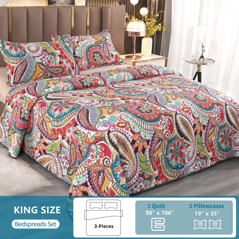 Qucover King Size Quilt Bedding Set, 100% Cotton Boho Bedspread, Vibrant Colorful Gorgeous Paisley Print Coverlet for Living Bedroom, Bed Cover with 2 Pillow Shams, 98x106 Inches - Image 3