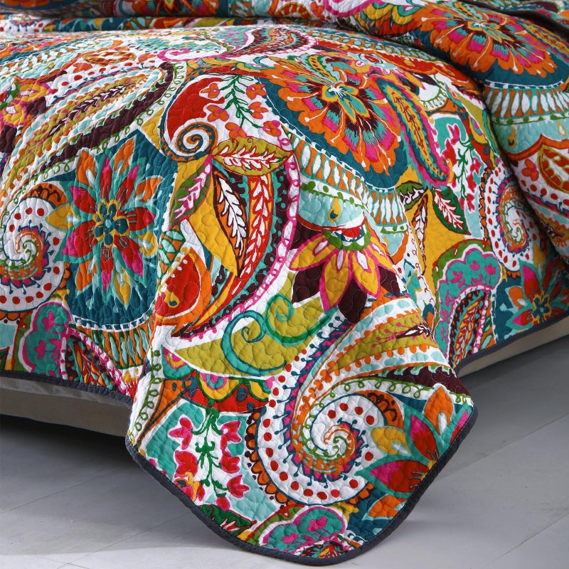 Qucover King Size Quilt Bedding Set, 100% Cotton Boho Bedspread, Vibrant Colorful Gorgeous Paisley Print Coverlet for Living Bedroom, Bed Cover with 2 Pillow Shams, 98x106 Inches - Image 4