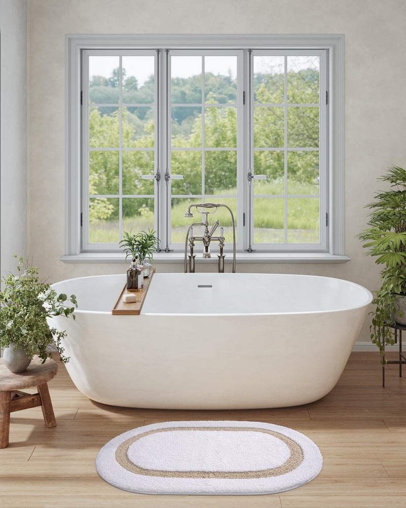 LUMI Bathroom Mat Oval Bathroom Rug  White Bath Mats Non Slip Premium Water Absorbent Bath Mat  Ultra Soft Washable Bath Rugs for Bathroom Bathtub Bedroom 24""x44"" White and Beig - Image 4
