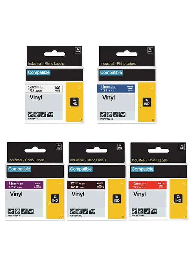 FlyLong Compatible Label Tape Replacement for DYMO Rhino 18444 1805243 1805412 1805415 1805416 Permanent Vinyl 1/2 Inch Industrial Label Tapes Compatible with Rhino 4200 5200 Label Makers, 5 Packs - Image 1