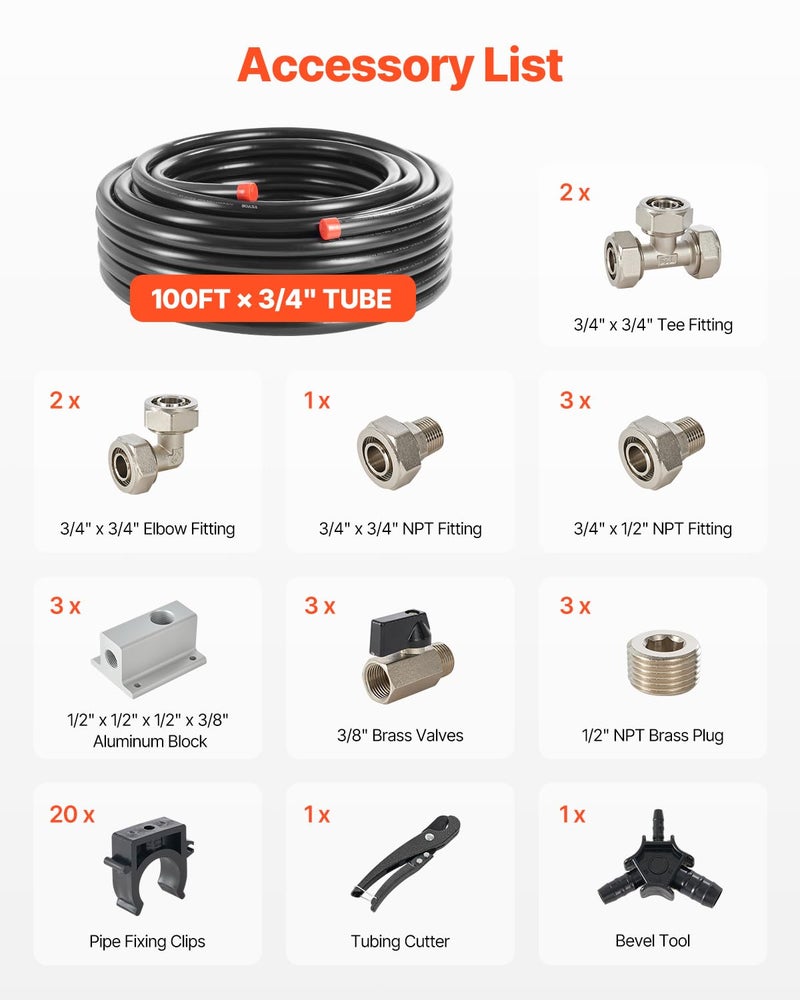 VEVOR Air Compressor Line Kit, 100FT x 3/4", HDPE-Aluminum Compressed Air Piping System, Leak-Proof, Pressure-Resistant & Easy-to-Install, Compressed Air Line Tubing Kit for Garages Workshops, Black - Image 2
