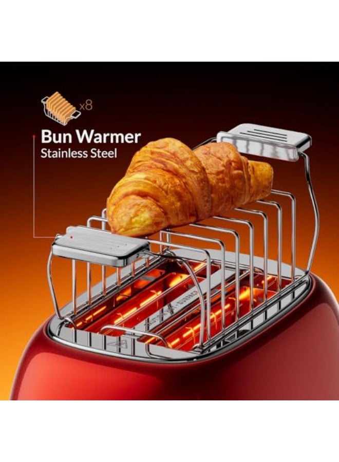 Feller Germany, Retro Style 2-Slice Toaster, 815 W, Steel Body, Dust Cover & foldable Bun Warmer,Defrost, Reheat & Cancel Function,Removable Crumb Tray, TO290, (Red) - Image 2