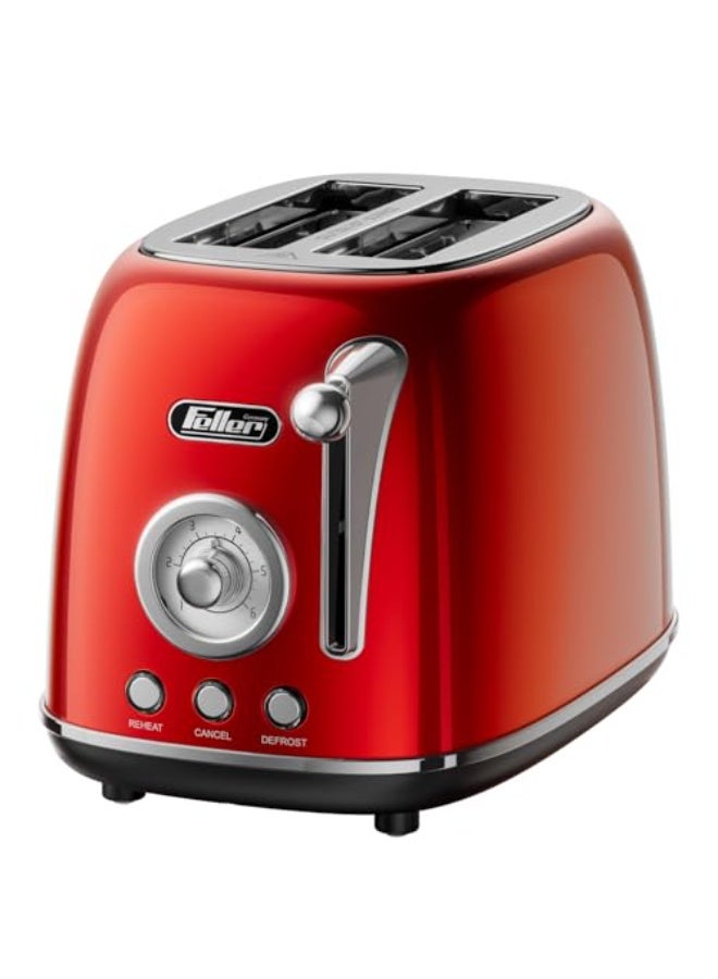 Feller Germany, Retro Style 2-Slice Toaster, 815 W, Steel Body, Dust Cover & foldable Bun Warmer,Defrost, Reheat & Cancel Function,Removable Crumb Tray, TO290, (Red)