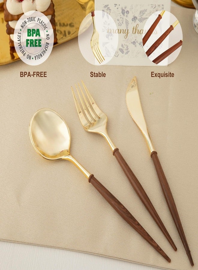 N9R 90Pcs Gold Plastic Silverware Heavy Duty, Elegant Disposable Plastic Silverware with Wood Grain Handle, Gold Plastic Cutlery Set Include 30 Forks, 30 Spoons, 30 Knives Perfect for Wedding, Party - Image 4