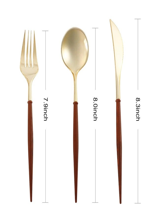 N9R 90Pcs Gold Plastic Silverware Heavy Duty, Elegant Disposable Plastic Silverware with Wood Grain Handle, Gold Plastic Cutlery Set Include 30 Forks, 30 Spoons, 30 Knives Perfect for Wedding, Party - Image 2
