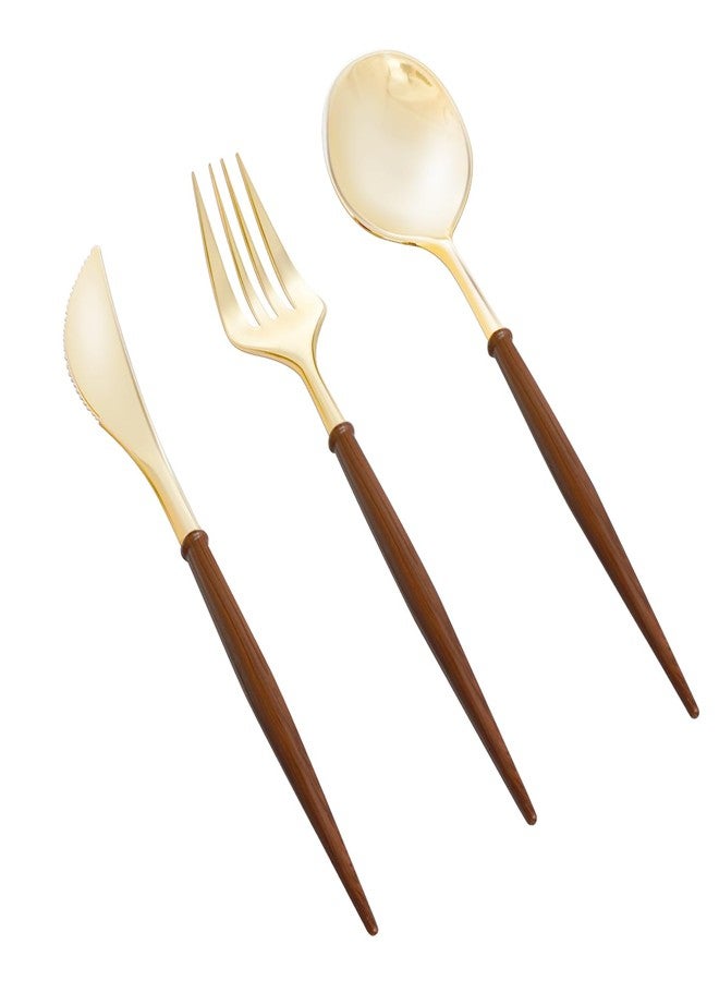 N9R 90Pcs Gold Plastic Silverware Heavy Duty, Elegant Disposable Plastic Silverware with Wood Grain Handle, Gold Plastic Cutlery Set Include 30 Forks, 30 Spoons, 30 Knives Perfect for Wedding, Party - Image 1