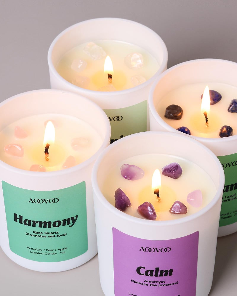 AOOVOO Calm Candles Set for Women - 4 Pack Candles for Home Scented, 28 oz 200 Hour Burn, Aromatherapy Candle with Crystals, Lavender Calm/Jasmine Serenity/Water Lily Pear Harmony/Patchouli Balance - Image 3