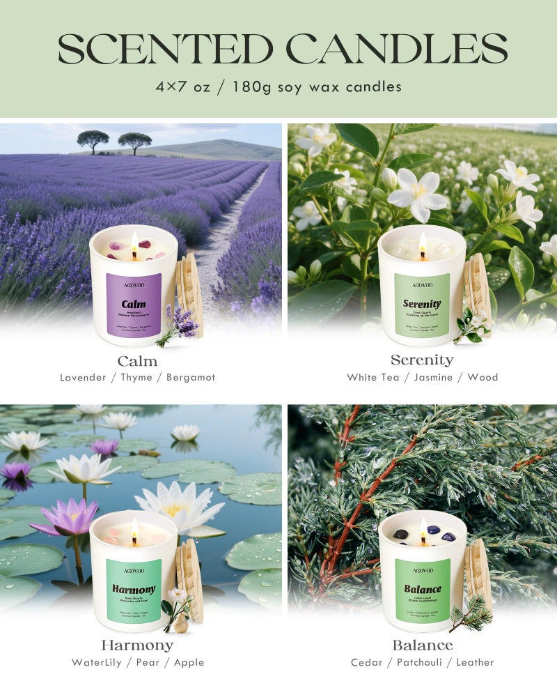 AOOVOO Calm Candles Set for Women - 4 Pack Candles for Home Scented, 28 oz 200 Hour Burn, Aromatherapy Candle with Crystals, Lavender Calm/Jasmine Serenity/Water Lily Pear Harmony/Patchouli Balance - Image 4