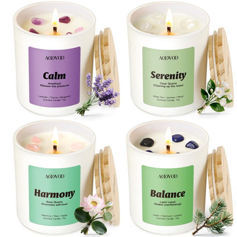 AOOVOO Calm Candles Set for Women - 4 Pack Candles for Home Scented, 28 oz 200 Hour Burn, Aromatherapy Candle with Crystals, Lavender Calm/Jasmine Serenity/Water Lily Pear Harmony/Patchouli Balance - Image 1