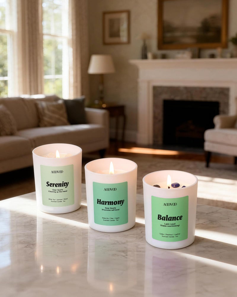 AOOVOO Calm Candles Set for Women - 4 Pack Candles for Home Scented, 28 oz 200 Hour Burn, Aromatherapy Candle with Crystals, Lavender Calm/Jasmine Serenity/Water Lily Pear Harmony/Patchouli Balance - Image 5