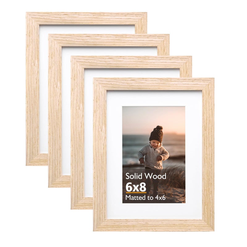 KINLINK 6x8 Picture Frame Natural Solid Wood Frames with Acrylic Plexiglass for Pictures 4x6 with Mat or 6x8 without Mat Tabletop and Wall Display Photo Frame Set of 4