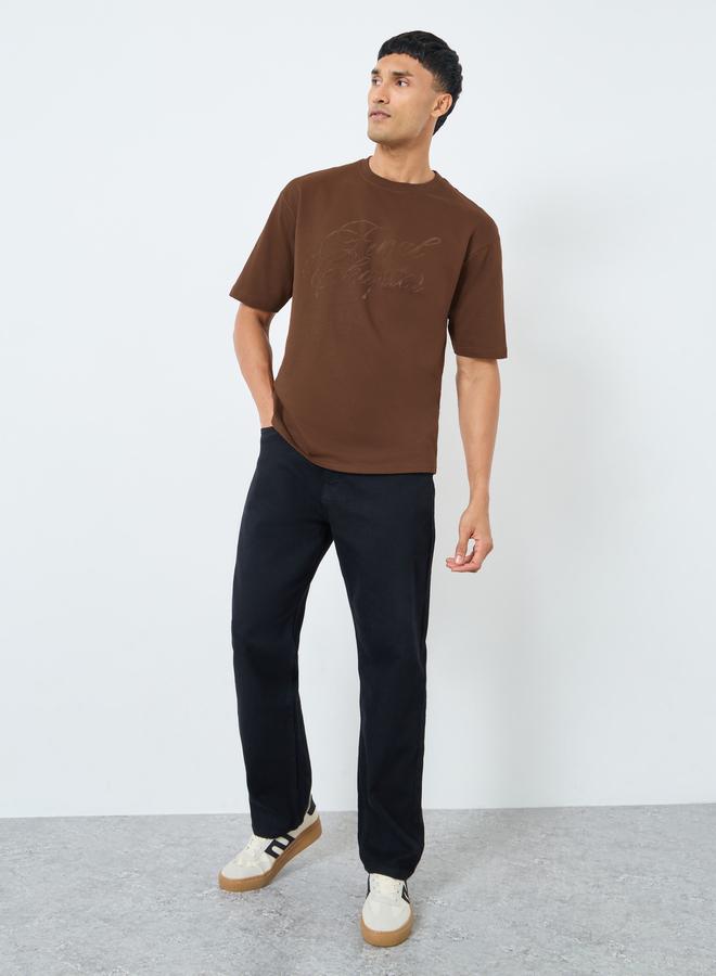 Styli Men Brown Oversized Flock Chest Print T-Shirt - Image 2