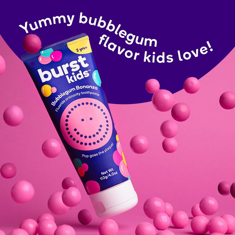 BURST معجون أسنان BURSTkids بنكهة العلكة للأطفال مع الفلورايد - معجون أسنان للأطفال والصغار بنكهة لذيذة - مضاد للتسوس، خالي من الأصباغ، نباتي، معجون أسنان آمن للأطفال من عمر 2 سنة فما فوق - 4 أونصات - Image 2