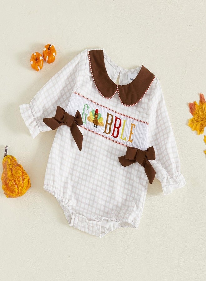 GOOCHEER Infant Newborn Baby Girl Thanksgiving Outfit Turkey Gobble Smocked Bubble Romper Long Sleeve Plaid Bodysuit Clothes (Khaki, 1-3 Months) - Image 3