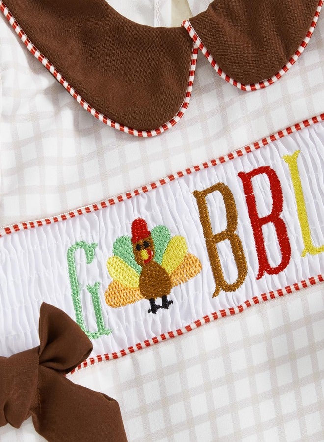 GOOCHEER Infant Newborn Baby Girl Thanksgiving Outfit Turkey Gobble Smocked Bubble Romper Long Sleeve Plaid Bodysuit Clothes (Khaki, 1-3 Months) - Image 4