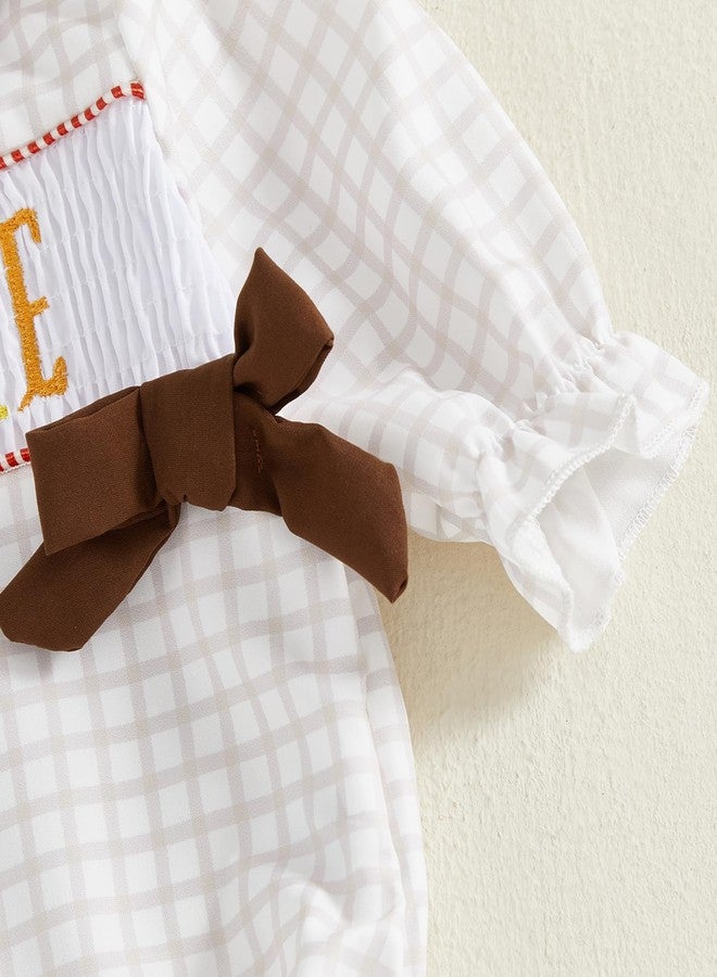 GOOCHEER Infant Newborn Baby Girl Thanksgiving Outfit Turkey Gobble Smocked Bubble Romper Long Sleeve Plaid Bodysuit Clothes (Khaki, 1-3 Months) - Image 5