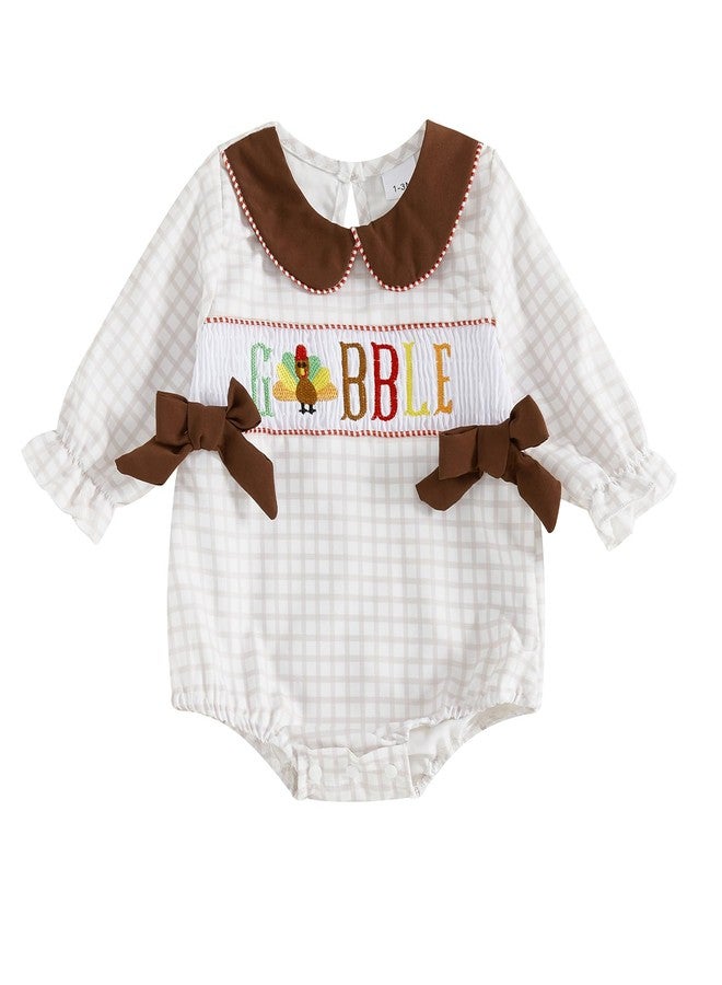 GOOCHEER Infant Newborn Baby Girl Thanksgiving Outfit Turkey Gobble Smocked Bubble Romper Long Sleeve Plaid Bodysuit Clothes (Khaki, 1-3 Months) - Image 1