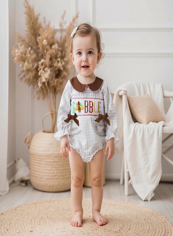 GOOCHEER Infant Newborn Baby Girl Thanksgiving Outfit Turkey Gobble Smocked Bubble Romper Long Sleeve Plaid Bodysuit Clothes (Khaki, 1-3 Months) - Image 2