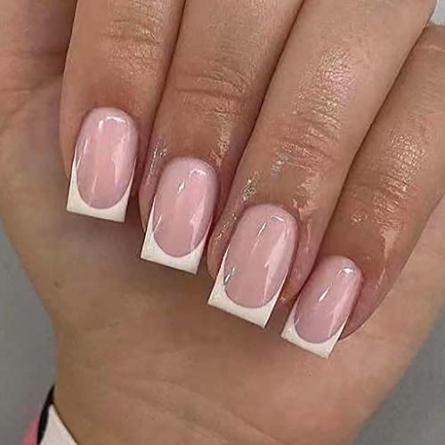 RikView French Tip Press on Nails Medium Fake Nails White Stick on Nails Square Pink Nails for Women - Image 1