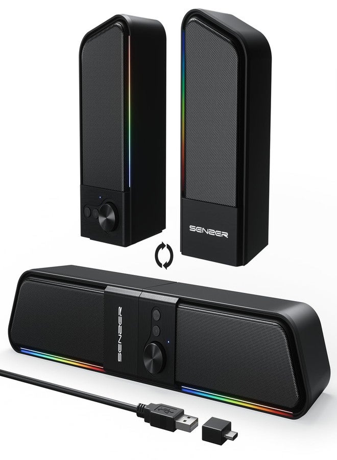 SENZER CS20 2 in 1 Bluetooth Computer Speakers for Desktop, USB Plug & Play Clear Sound PC Speakers with RGB Light, Monitor Sound Bar with Volume Knob, Gaming Speaker for PC Laptop Phone Tablet - Image 1