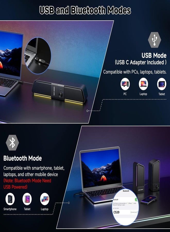 SENZER CS20 2 in 1 Bluetooth Computer Speakers for Desktop, USB Plug & Play Clear Sound PC Speakers with RGB Light, Monitor Sound Bar with Volume Knob, Gaming Speaker for PC Laptop Phone Tablet - Image 4