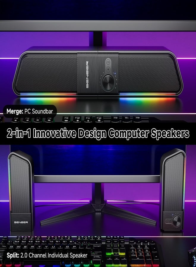 SENZER CS20 2 in 1 Bluetooth Computer Speakers for Desktop, USB Plug & Play Clear Sound PC Speakers with RGB Light, Monitor Sound Bar with Volume Knob, Gaming Speaker for PC Laptop Phone Tablet - Image 2