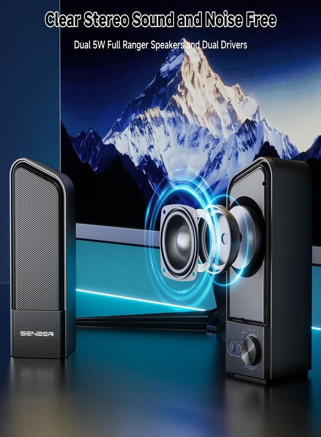 SENZER CS20 2 in 1 Bluetooth Computer Speakers for Desktop, USB Plug & Play Clear Sound PC Speakers with RGB Light, Monitor Sound Bar with Volume Knob, Gaming Speaker for PC Laptop Phone Tablet - Image 3