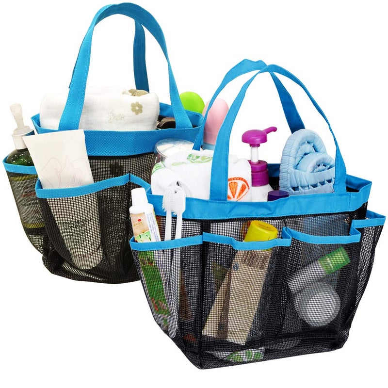 YuCool 2 Pack Portable Mesh Shower Caddy with 8 Storage Pockets, Hanging Tote Toiletry Bath Organizer Bag with 2 Type Hooks for Dorm Gym Camp Travel - Blue - Image 1