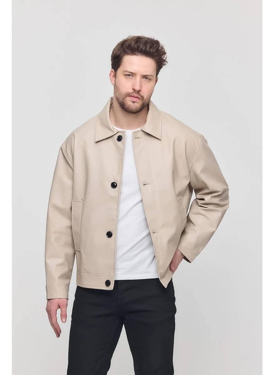 Sivaist Cream Men's Basic Faux Leather Summer Jacket & Coat