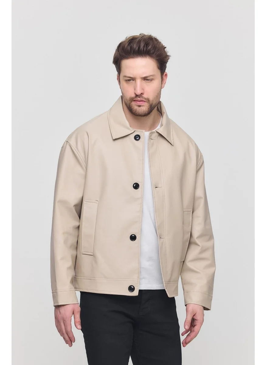 Sivaist Cream Men's Basic Faux Leather Summer Jacket & Coat