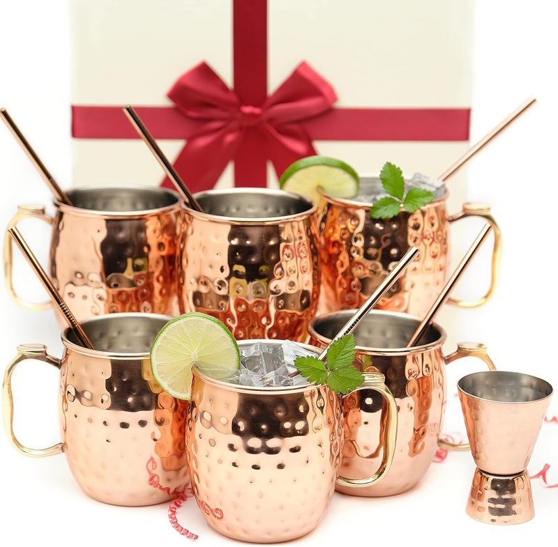 Kitchen Science [Gift Set] Moscow Mule Mugs, Stainless Steel Lined Copper Moscow Mule Cups Set of 6 (18oz) w/Straws, Jigger, Spoon & Brush | Tarnish-Resistant Stainless Steel Interior - Image 1