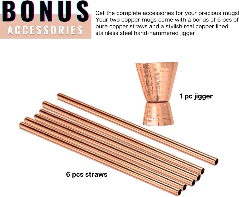 Kitchen Science [Gift Set] Moscow Mule Mugs, Stainless Steel Lined Copper Moscow Mule Cups Set of 6 (18oz) w/Straws, Jigger, Spoon & Brush | Tarnish-Resistant Stainless Steel Interior - Image 3