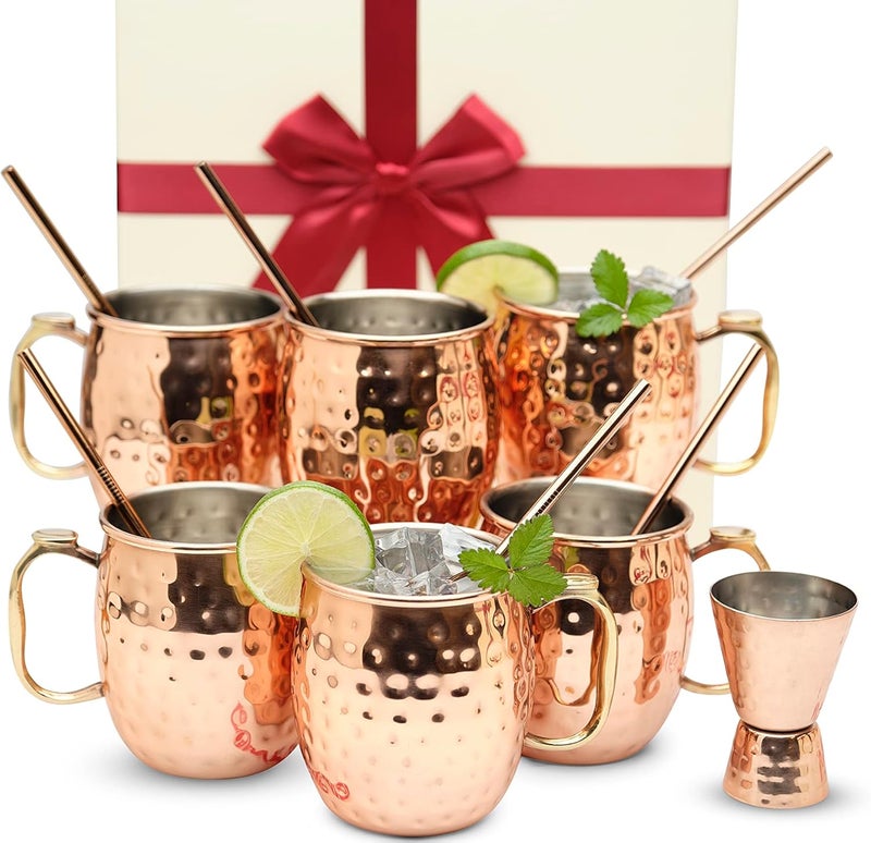 Kitchen Science [Gift Set] Moscow Mule Mugs, Stainless Steel Lined Copper Moscow Mule Cups Set of 6 (18oz) w/Straws, Jigger, Spoon & Brush | Tarnish-Resistant Stainless Steel Interior - Image 2