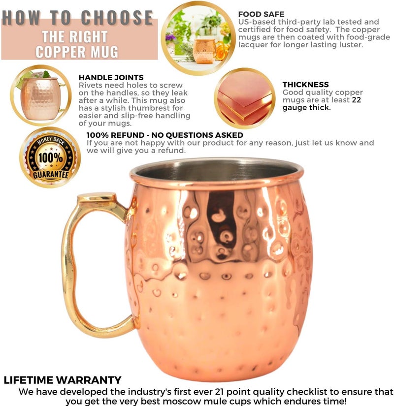 Kitchen Science [Gift Set] Moscow Mule Mugs, Stainless Steel Lined Copper Moscow Mule Cups Set of 6 (18oz) w/Straws, Jigger, Spoon & Brush | Tarnish-Resistant Stainless Steel Interior - Image 5