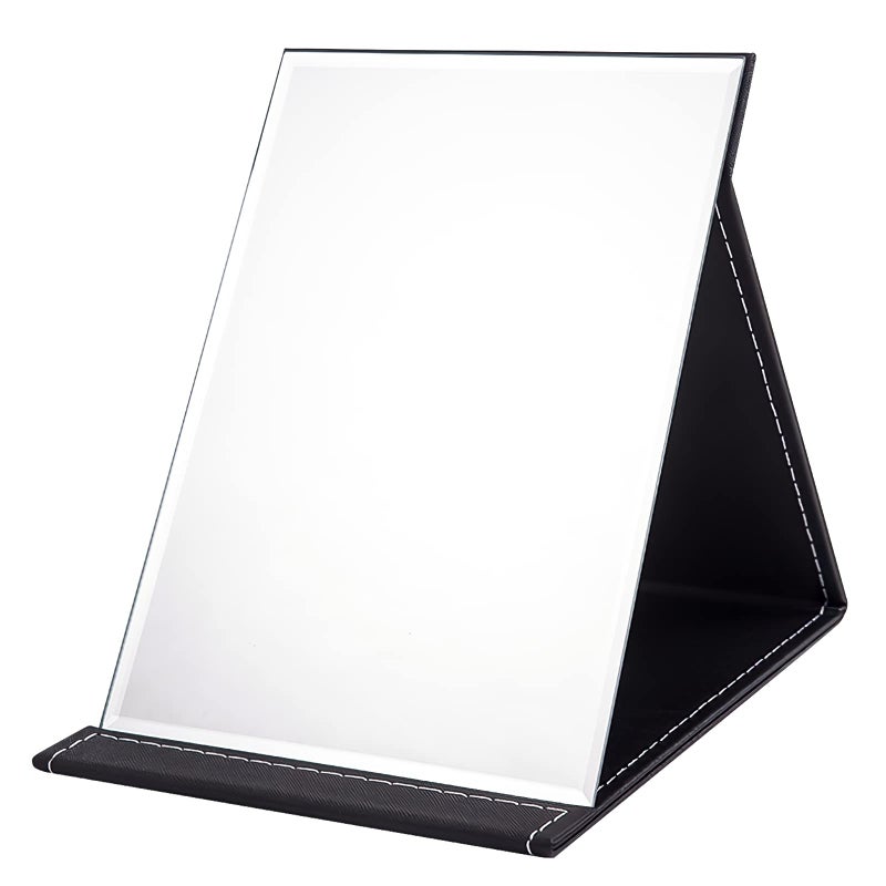 OWLKELA 21x15cm Portable Folding Mirror Super HD Compact Makeup Black PU Leather Travel Free Standing Vanity Tabletop Foldable