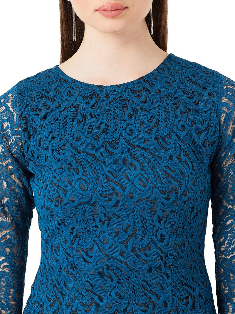 Miss Chase Women's Teal Round Neck 3/4 Sleeves Floral Lace Overlaid Knee-Long Bodycon Dress with Zip Closure(MCAW19D14-32-83-06, Teal, X-Large) - Image 5