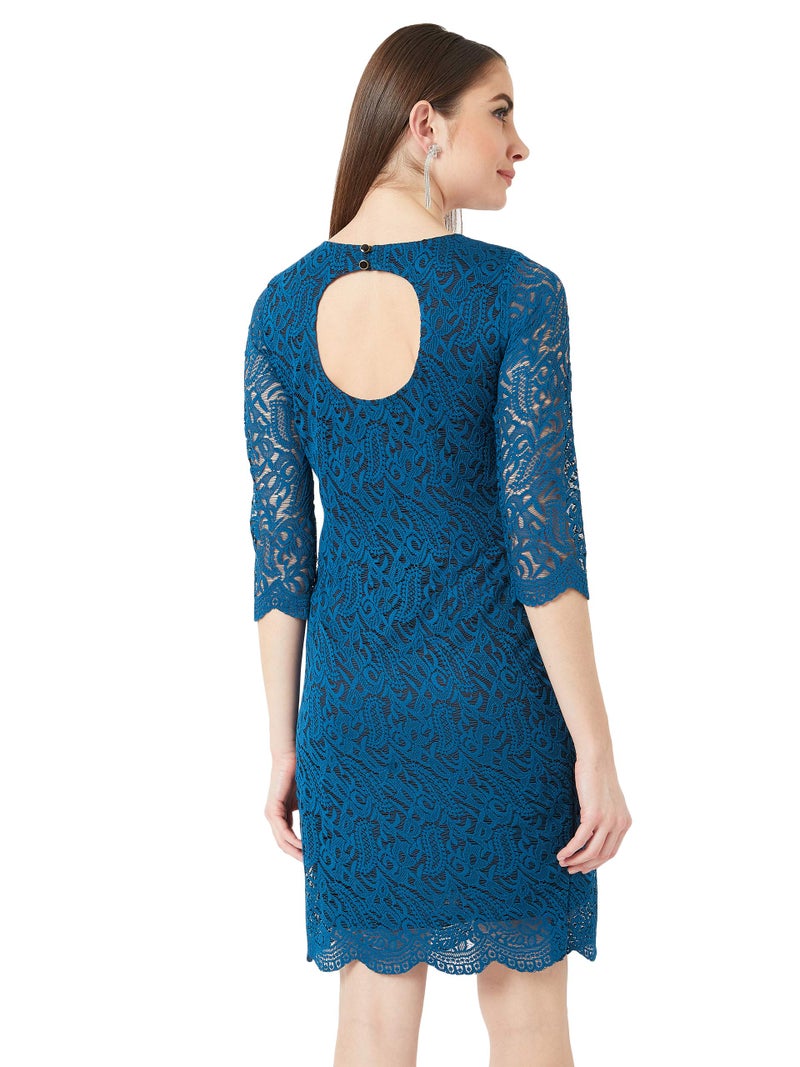 Miss Chase Women's Teal Round Neck 3/4 Sleeves Floral Lace Overlaid Knee-Long Bodycon Dress with Zip Closure(MCAW19D14-32-83-06, Teal, X-Large) - Image 4