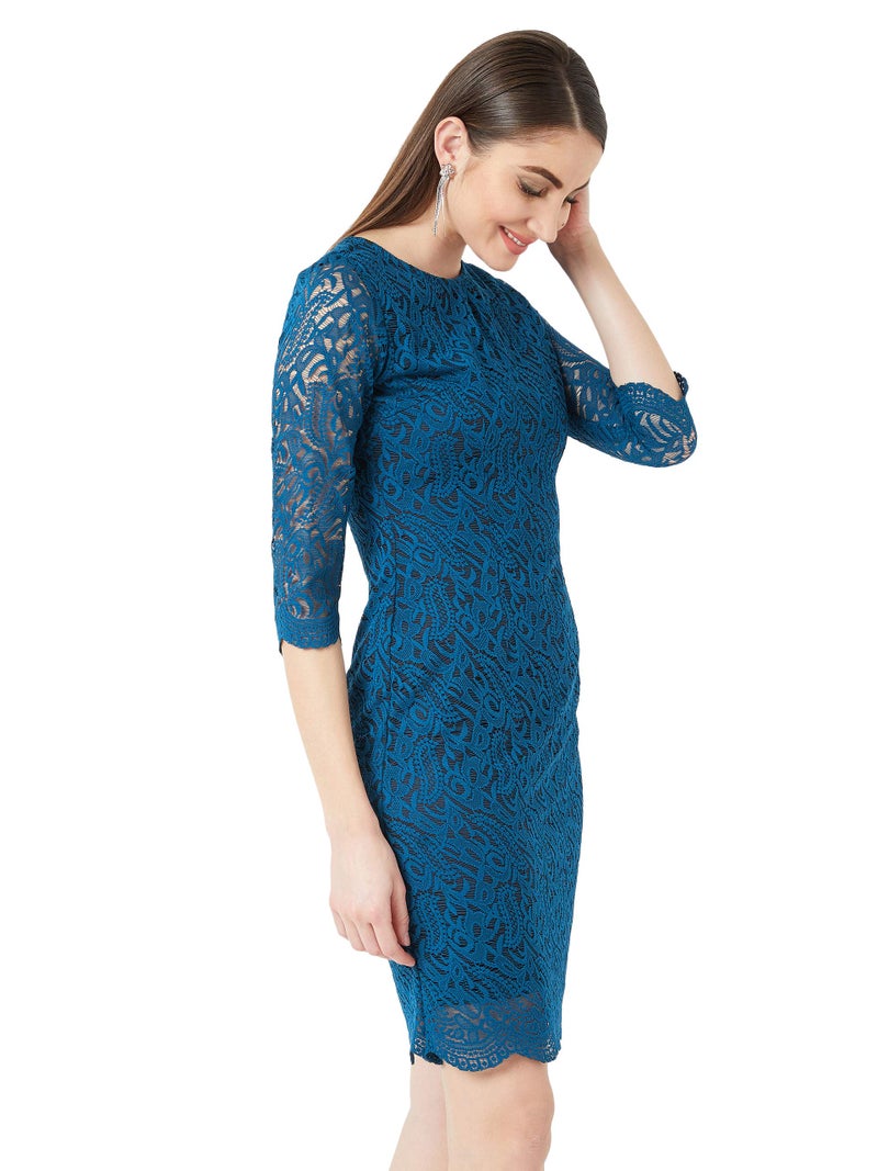 Miss Chase Women's Teal Round Neck 3/4 Sleeves Floral Lace Overlaid Knee-Long Bodycon Dress with Zip Closure(MCAW19D14-32-83-06, Teal, X-Large) - Image 3