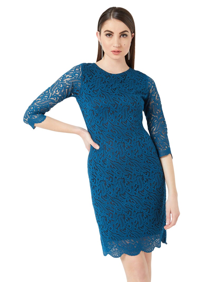 Miss Chase Women's Teal Round Neck 3/4 Sleeves Floral Lace Overlaid Knee-Long Bodycon Dress with Zip Closure(MCAW19D14-32-83-06, Teal, X-Large) - Image 1
