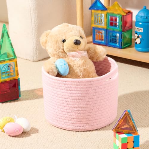 MiniArk Small Basket for Organizing | Cube Shelf Closet Storage Baskets | 9.7×9.7×7.1” | Woven Rope Gift Basket | Nursery | Round 3 Packs Light Pink - Image 4